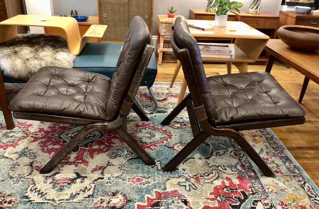 Pair of EKORNESS Leather folding Lounge Chairs | Circa