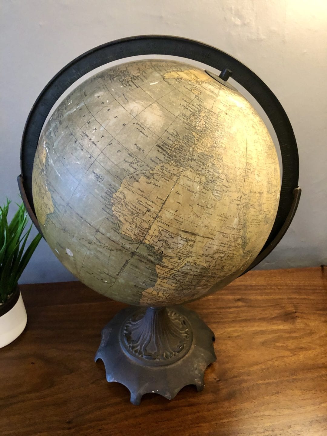 Antique World Globe On Cast Iron Stand Circa 5396
