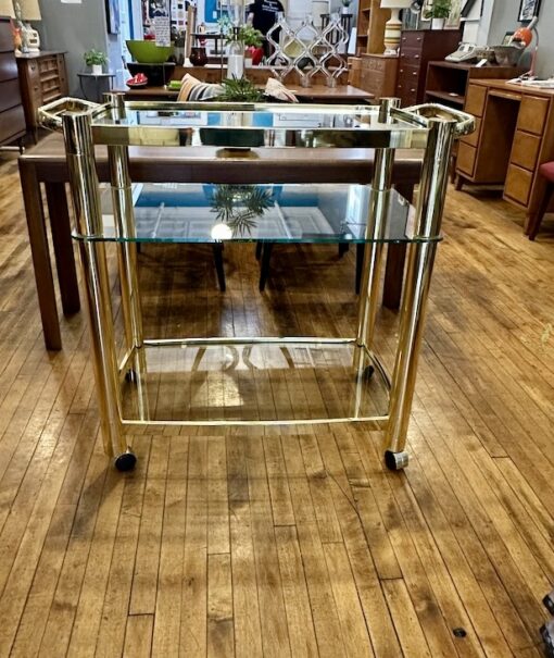 Mid Century Brass Glass Tier Serving Bar Cart Circa