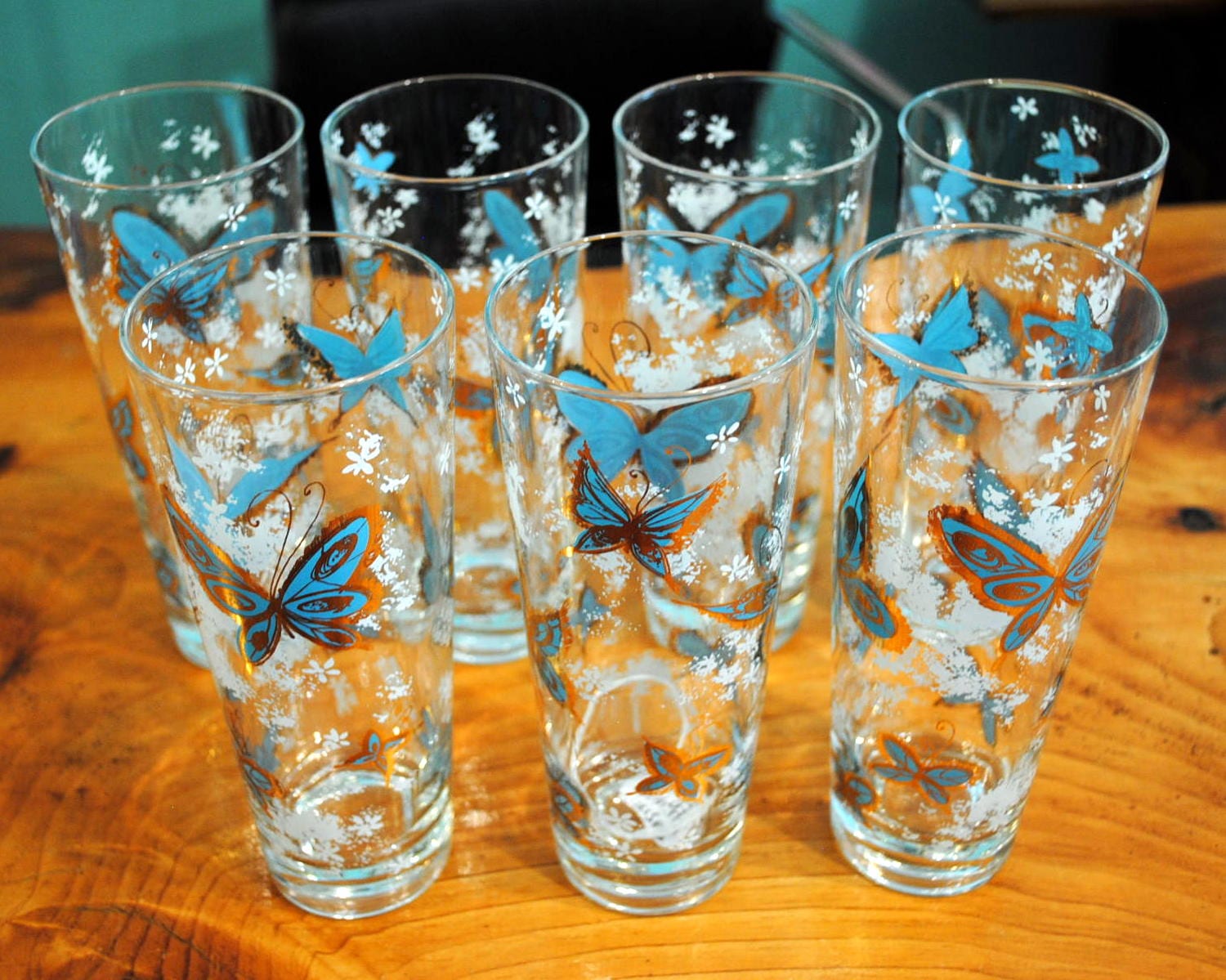 Mismatched Set of 8 1970s Butterfly Themed Drinking Glasses 