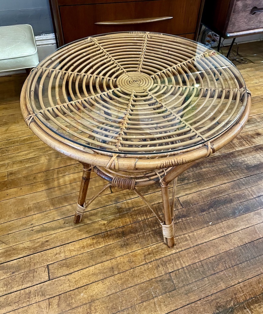 vintage wicker table with wood top