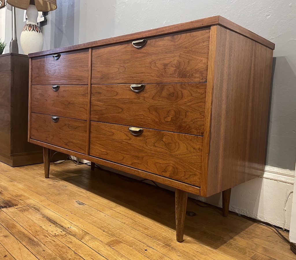 6 Drawer Walnut Mid Century Lowboy Dresser | Circa