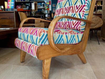 Early 1950s Solid Maple Armchair w/Multi colored Upholstery