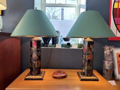 Pair of 1920's Chinoiserie Black Lacquer Table Lamps