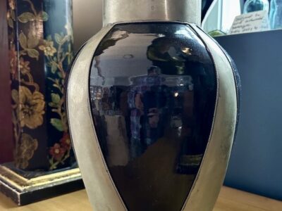 Art Deco Black Glazed Terra-Cotta Vase w/ metal banding