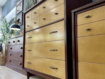 Mid Century Two Tone Mahogany Highboy Dresser