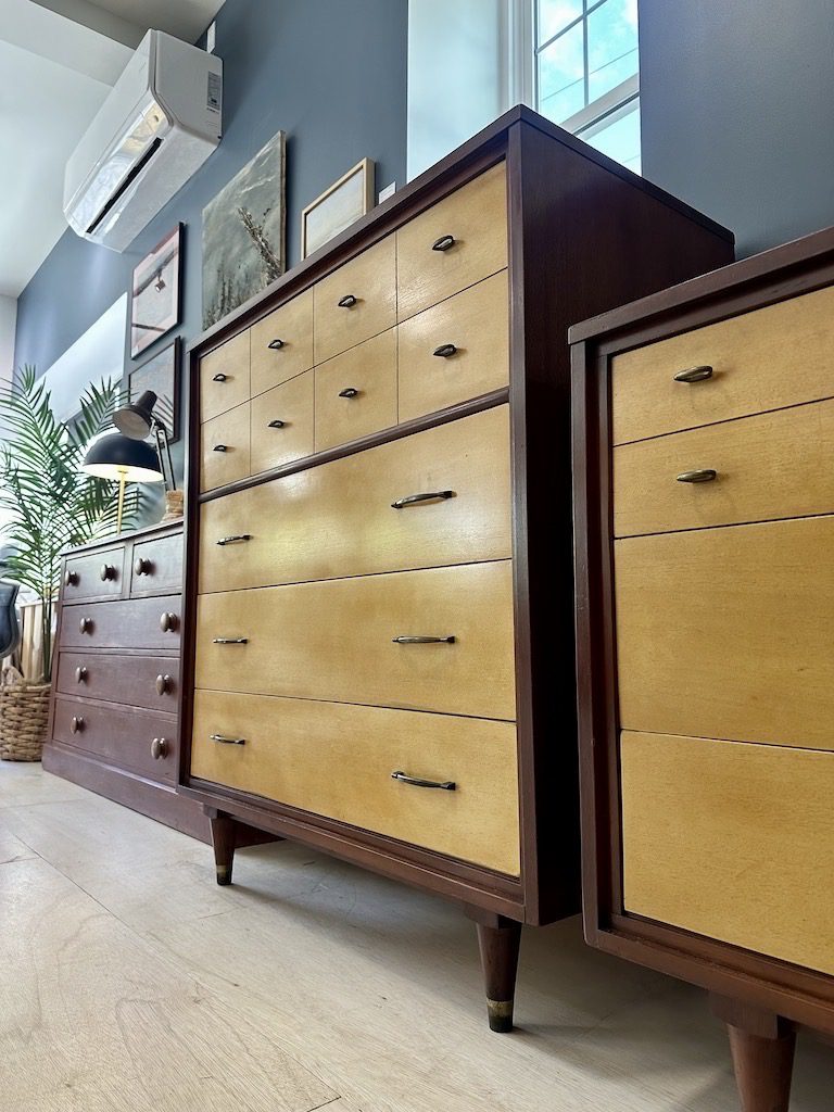 Mid Century Two Tone Mahogany Highboy Dresser