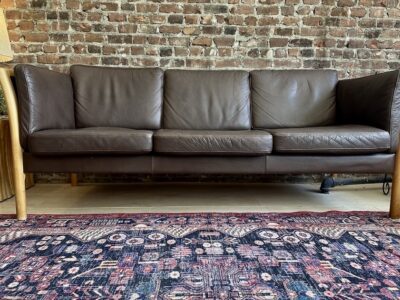 Danish Brown Leather Spindle Side Sofa