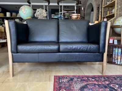 Vintage Danish Black Leather Loveseat w/ Oak Frame