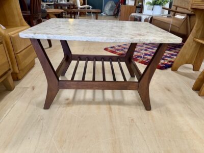 1960s Walnut Coffee Table, Travertine Top w/slatted shelf